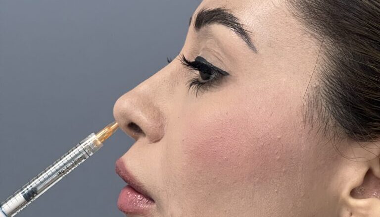 Perfil de paciente femenina recibiendo inyección de ácido hialurónico en punta nasal para rinomodelación sin cirugía en clínica estética Dr. Perdomo