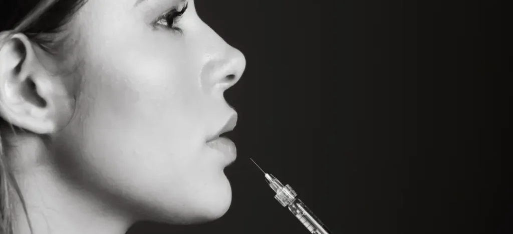 Perfil de mujer con jeringa de tratamiento estético acercándose al mentón, medicina estética como herramienta de bienestar emocional y autoestima en clínica Dr. Perdomo