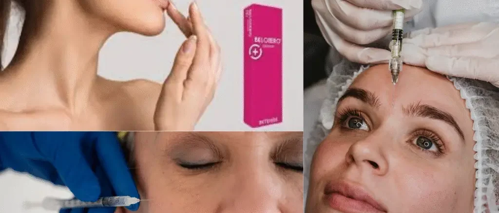 Collage de tratamientos con ácido hialurónico Belotero en labios, frente y surcos nasolabiales, opciones de relleno dérmico frente al bótox en clínica estética Dr. Perdomo