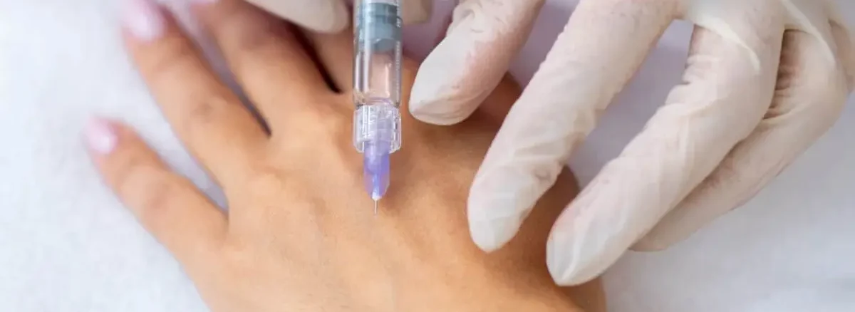 Médico aplicando inyección de Radiesse con bioestimulador de colágeno en dorso de mano para rejuvenecimiento y reducción de flacidez en clínica estética Dr. Perdomo