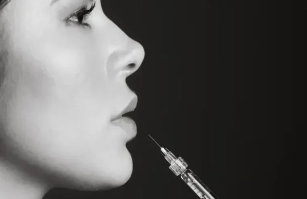 Perfil de mujer con jeringa de relleno dérmico acercándose a labios y mentón, procedimiento estético de Noche Vieja en clínica Dr. Perdomo