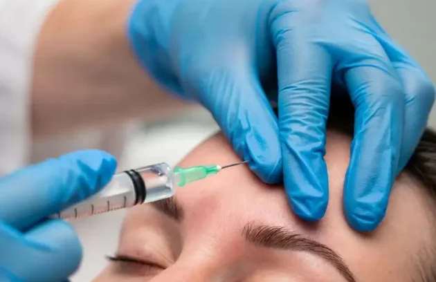 Especialista con guantes azules aplicando toxina botulínica en zona del entrecejo de paciente femenina, tratamiento para líneas de expresión en clínica estética Dr. Perdomo