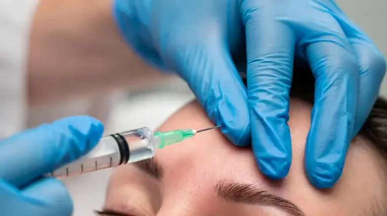 Especialista con guantes azules aplicando toxina botulínica en zona del entrecejo de paciente femenina, tratamiento para líneas de expresión en clínica estética Dr. Perdomo