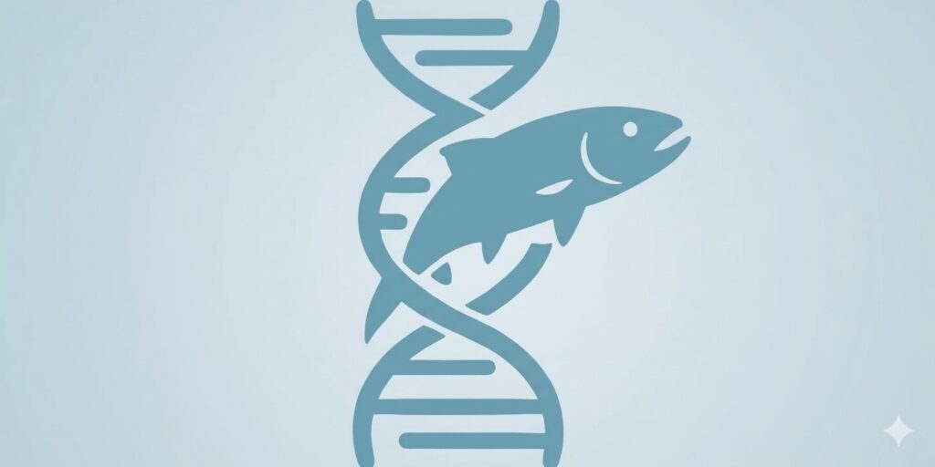 Ilustración de doble hélice de ADN con pez salmón, símbolo de tratamientos revitalizadores con bioestimuladores en clínica estética Dr. Perdomo
