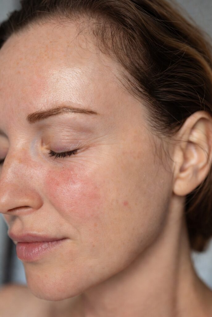 Mujer con rojez y manchas faciales candidata a tratamiento revitalizador para mejorar tono de piel