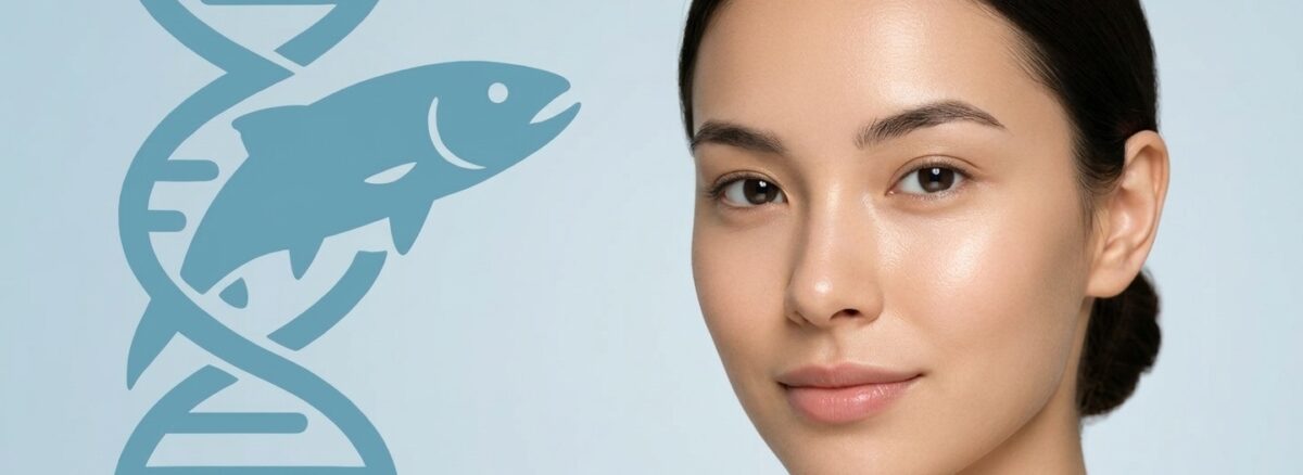 Mujer con piel luminosa y rejuvenecida junto a ícono de ADN y salmón, resultado de tratamiento revitalizador con bioestimuladores en clínica estética Dr. Perdomo