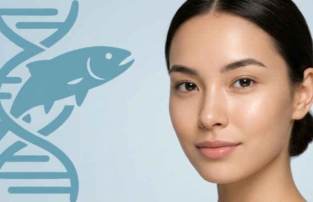 Mujer con piel luminosa y rejuvenecida junto a ícono de ADN y salmón, resultado de tratamiento revitalizador con bioestimuladores en clínica estética Dr. Perdomo