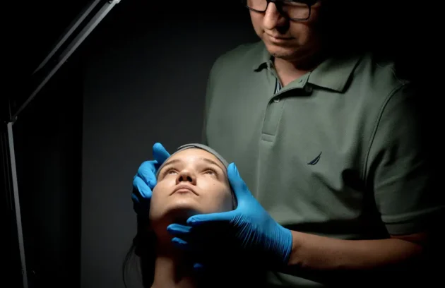 Especialista realizando evaluación facial previa a tratamiento de armonización facial en clínica