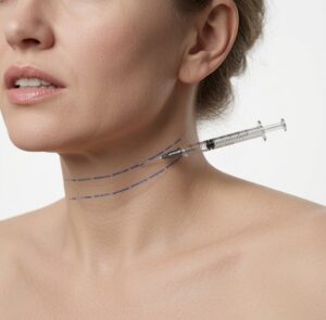 Aplicación de bioestimuladores de colágeno en cuello para reducir arrugas y rejuvenecer la piel