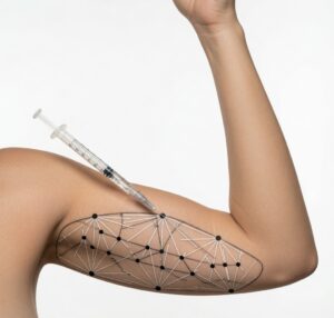 Diagrama de puntos de aplicación de bioestimuladores de colágeno en brazo para reafirmar la piel