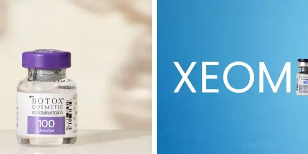 Comparativa de frascos de Botox Cosmetic y Xeomin, dos marcas de toxina botulínica utilizadas en tratamientos estéticos faciales en clínica Dr. Perdomo