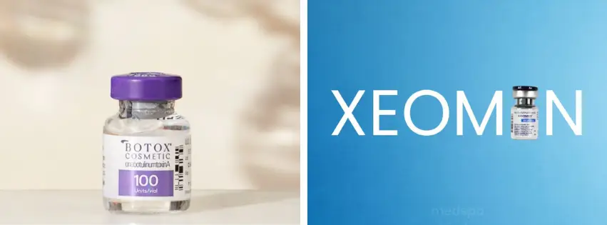 Comparativa de frascos de Botox Cosmetic y Xeomin, dos marcas de toxina botulínica utilizadas en tratamientos estéticos faciales en clínica Dr. Perdomo