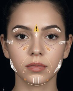Diagrama de zonas de tratamiento para armonización facial con rellenos y toxina botulínica