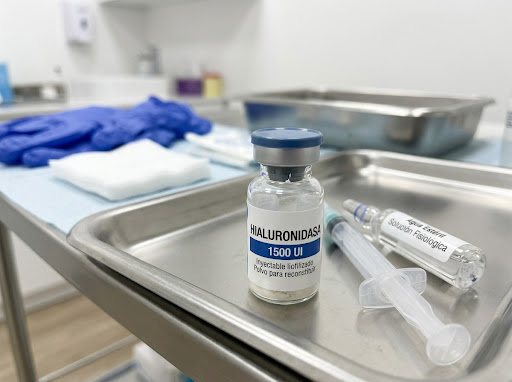 Frasco de hialuronidasa 1500 UI listo para reconstituir en consultorio de medicina estética