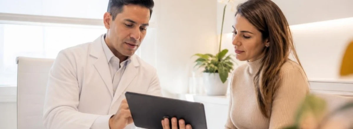 Médico estético revisando en una tablet la historia clínica de una paciente antes de un tratamiento estético