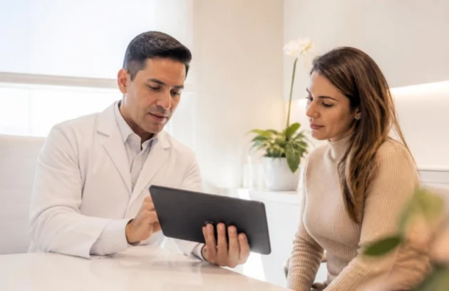 Médico estético revisando en una tablet la historia clínica de una paciente antes de un tratamiento estético