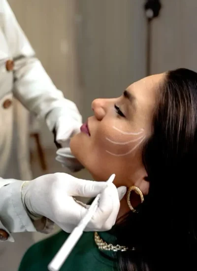 Médico trazando puntos de aplicación en rostro y mandíbula de paciente previo a tratamiento con bioestimulador de colágeno para rejuvenecimiento facial en clínica estética Dr. Perdomo