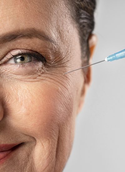 Mujer madura recibiendo inyección de bótox en patas de gallo, tratamiento con toxina botulínica para usos más allá de las arrugas en clínica estética Dr. Perdomo