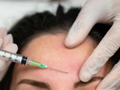 Médico aplicando inyección de toxina botulínica en frente de paciente femenina para reducir arrugas, procedimiento estético en clínica Dr. Perdomo