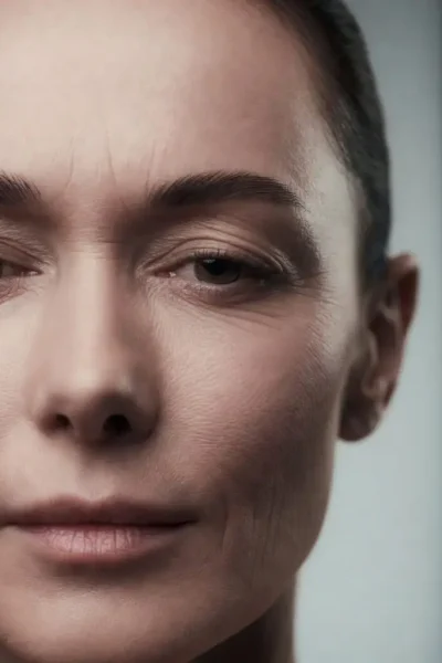Rostro de mujer con arrugas y líneas de expresión visibles en frente y contorno de ojos, candidata a tratamiento con toxina botulínica en clínica estética Dr. Perdomo