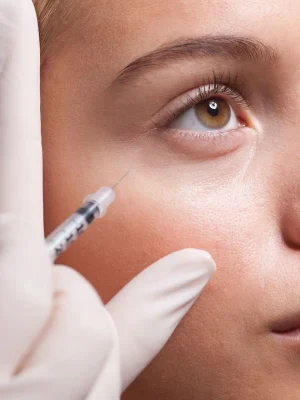 Aplicación de baby bótox en zona del contorno de ojos para prevenir patas de gallo en paciente joven, tratamiento preventivo de toxina botulínica en clínica estética Dr. Perdomo