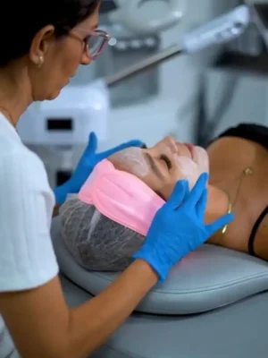 Esteticista aplicando mascarilla facial a paciente recostada en camilla, tratamiento de limpieza y rejuvenecimiento facial previo a eventos especiales en clínica estética Dr. Perdomo