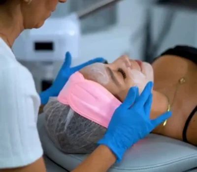 Esteticista aplicando mascarilla facial a paciente recostada en camilla, tratamiento de limpieza y rejuvenecimiento facial previo a eventos especiales en clínica estética Dr. Perdomo
