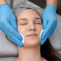 Limpieza facial con algodón y productos especializados en clínica dermatológica