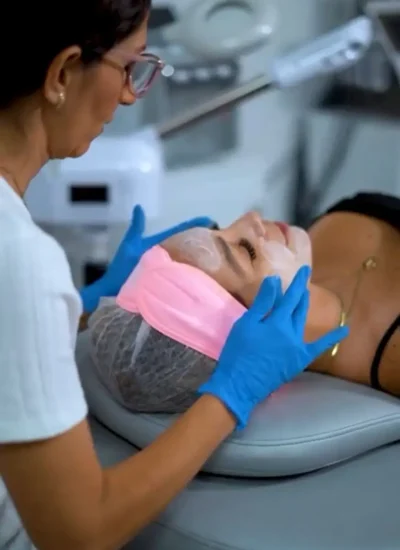 Esteticista aplicando mascarilla facial a paciente recostada en camilla, tratamiento de limpieza y rejuvenecimiento facial previo a eventos especiales en clínica estética Dr. Perdomo