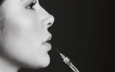 Perfil de mujer con jeringa de relleno dérmico acercándose a labios y mentón, procedimiento estético de Noche Vieja en clínica Dr. Perdomo