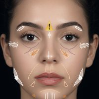Diagrama de zonas de tratamiento para armonización facial con rellenos y toxina botulínica